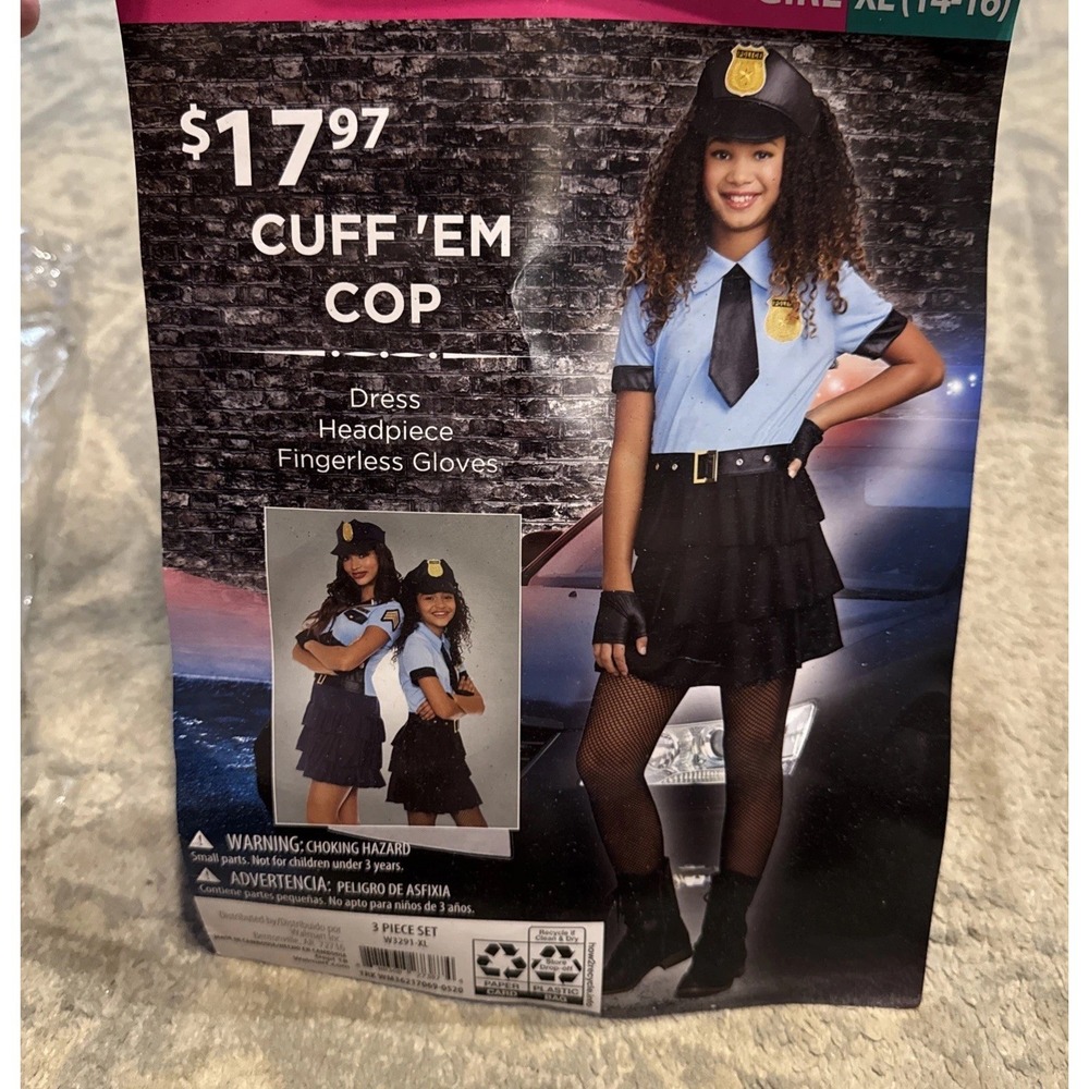 Youth Girls Blue Black Police Cuff Em' Cop Halloween Costume Dress  XL (14-16)